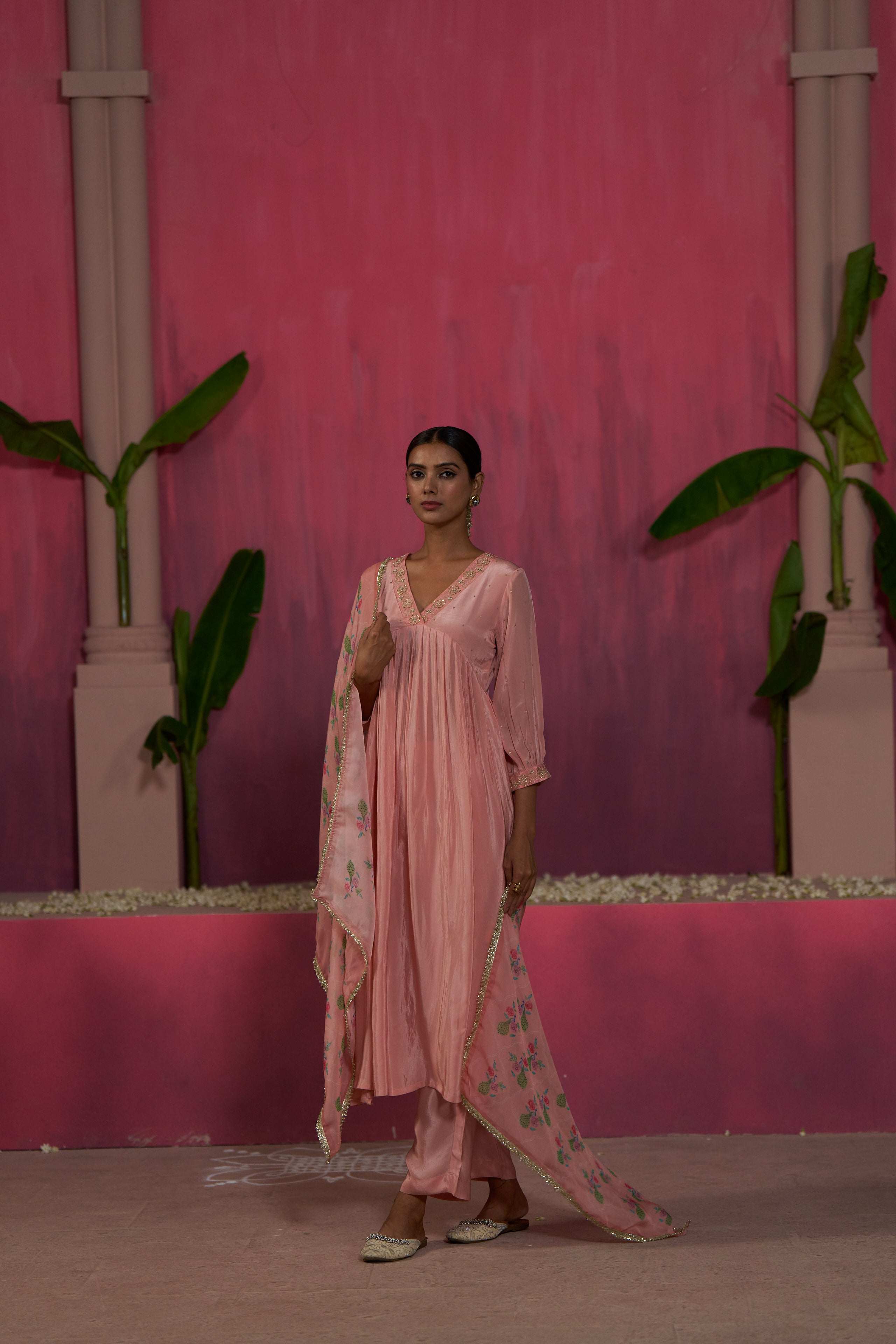 Pastel Peach 3 Piece Suit With Printed Dupatta