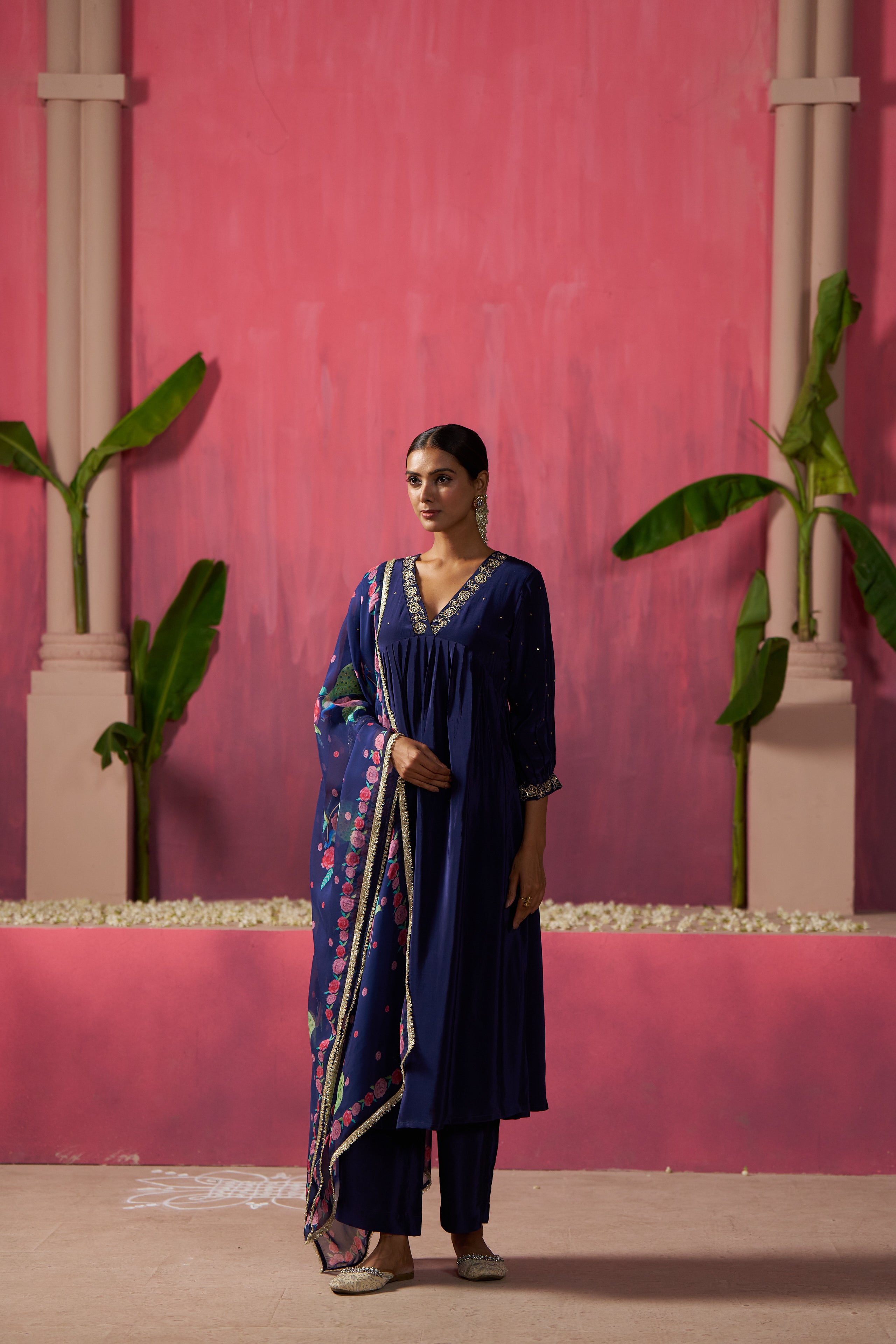 Oxford Blue 3 Piece Suit With Printed Dupatta