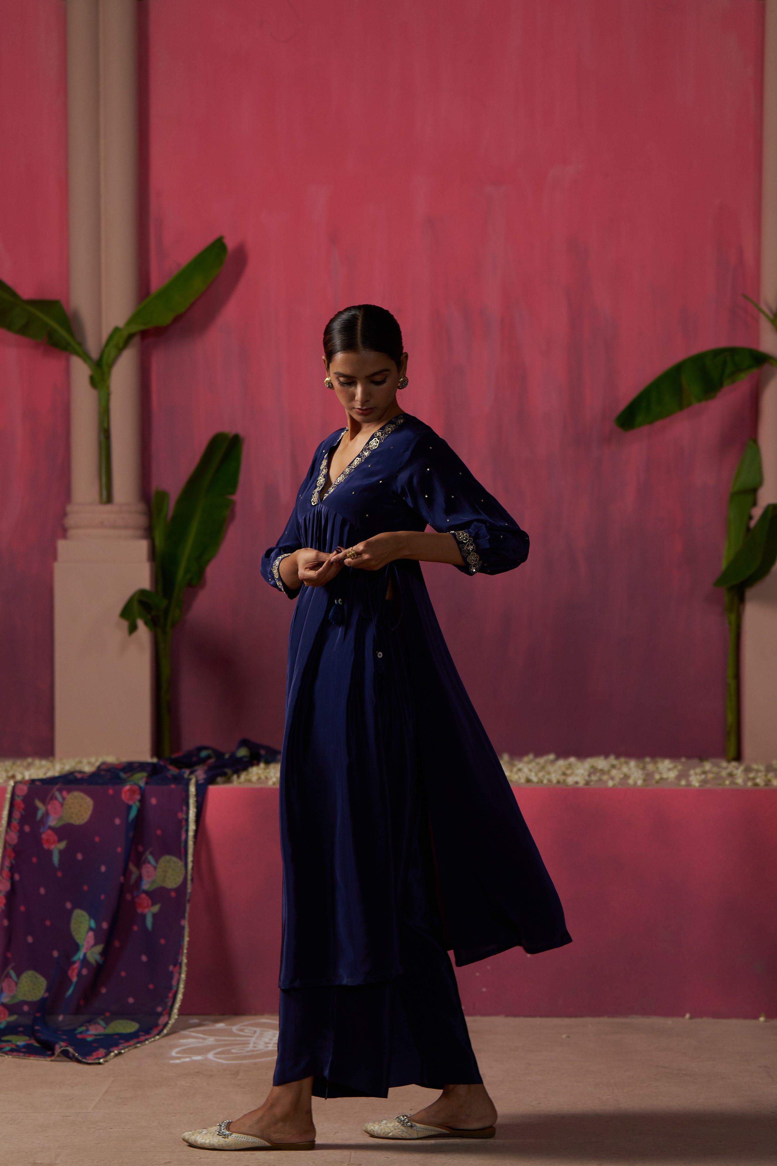 Oxford Blue 3 Piece Suit With Printed Dupatta